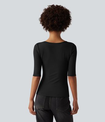 Ribbed Knit Scoop Neck Half Sleeve Casual T-Shirt