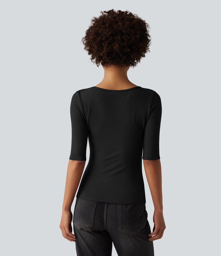 Ribbed Knit Scoop Neck Half Sleeve Casual T-Shirt