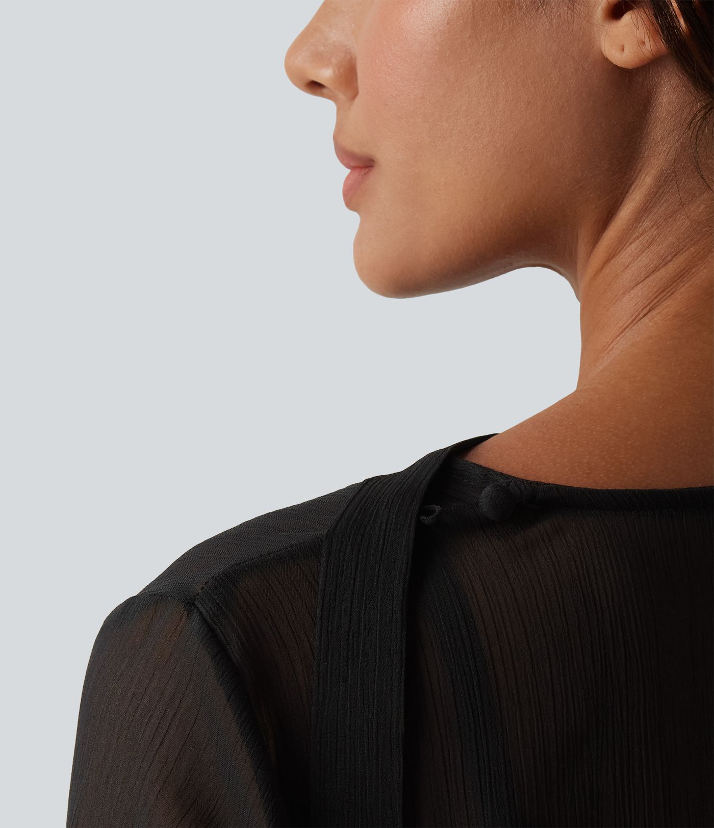 Sheer V Neck Ruffle Long Sleeve Casual Shirt