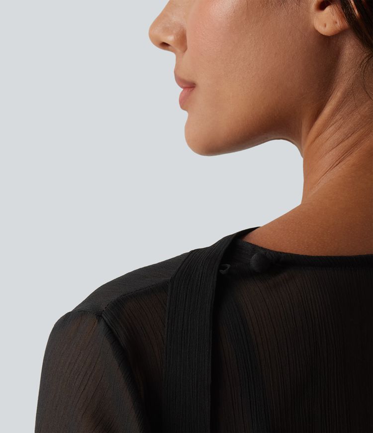 Sheer V Neck Ruffle Long Sleeve Casual Shirt