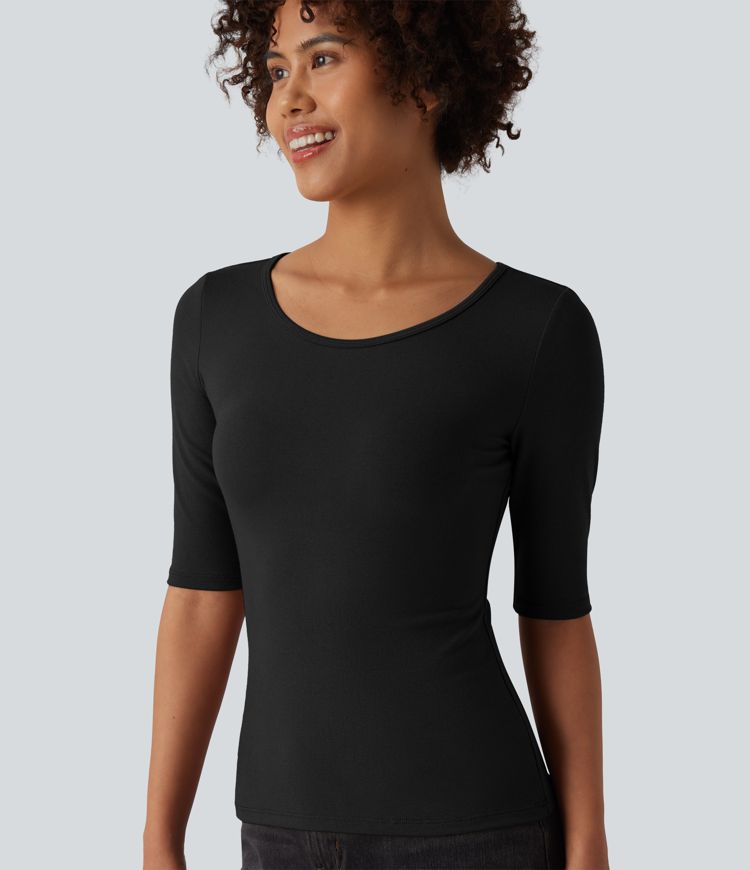 Ribbed Knit Scoop Neck Half Sleeve Casual T-Shirt