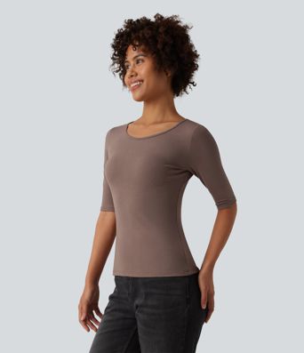 Ribbed Knit Scoop Neck Half Sleeve Casual T-Shirt