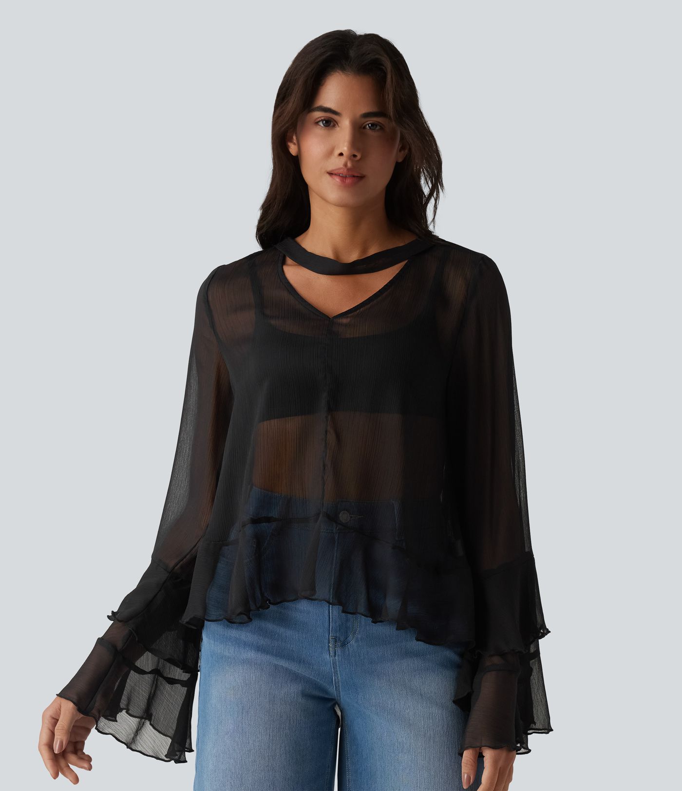 Sheer V Neck Ruffle Long Sleeve Casual Shirt