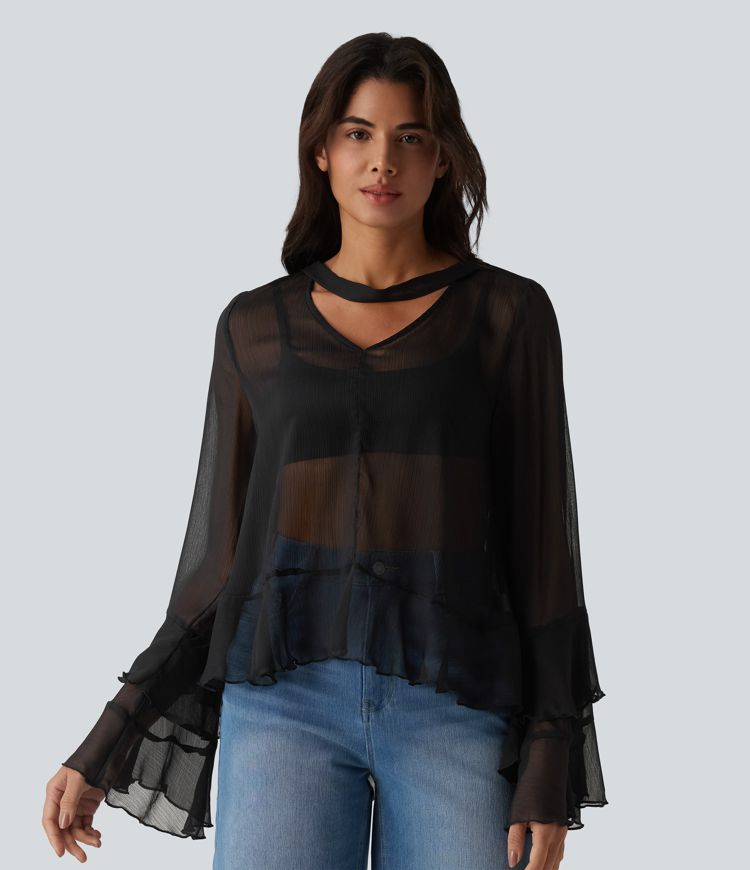 Sheer V Neck Ruffle Long Sleeve Casual Shirt