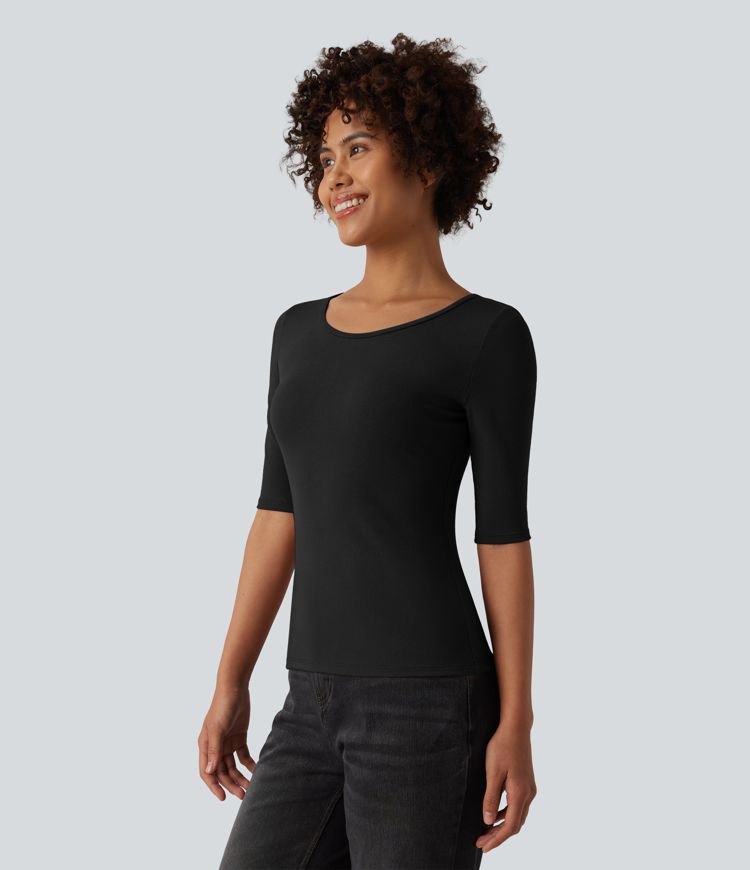 Ribbed Knit Scoop Neck Half Sleeve Casual T-Shirt