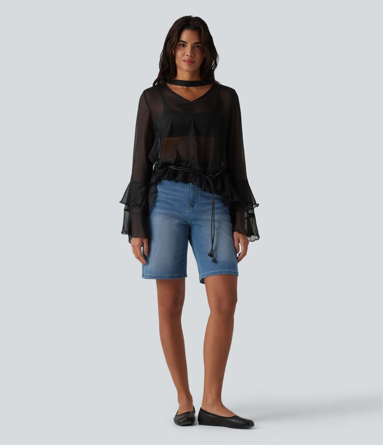 Sheer V Neck Ruffle Long Sleeve Casual Shirt