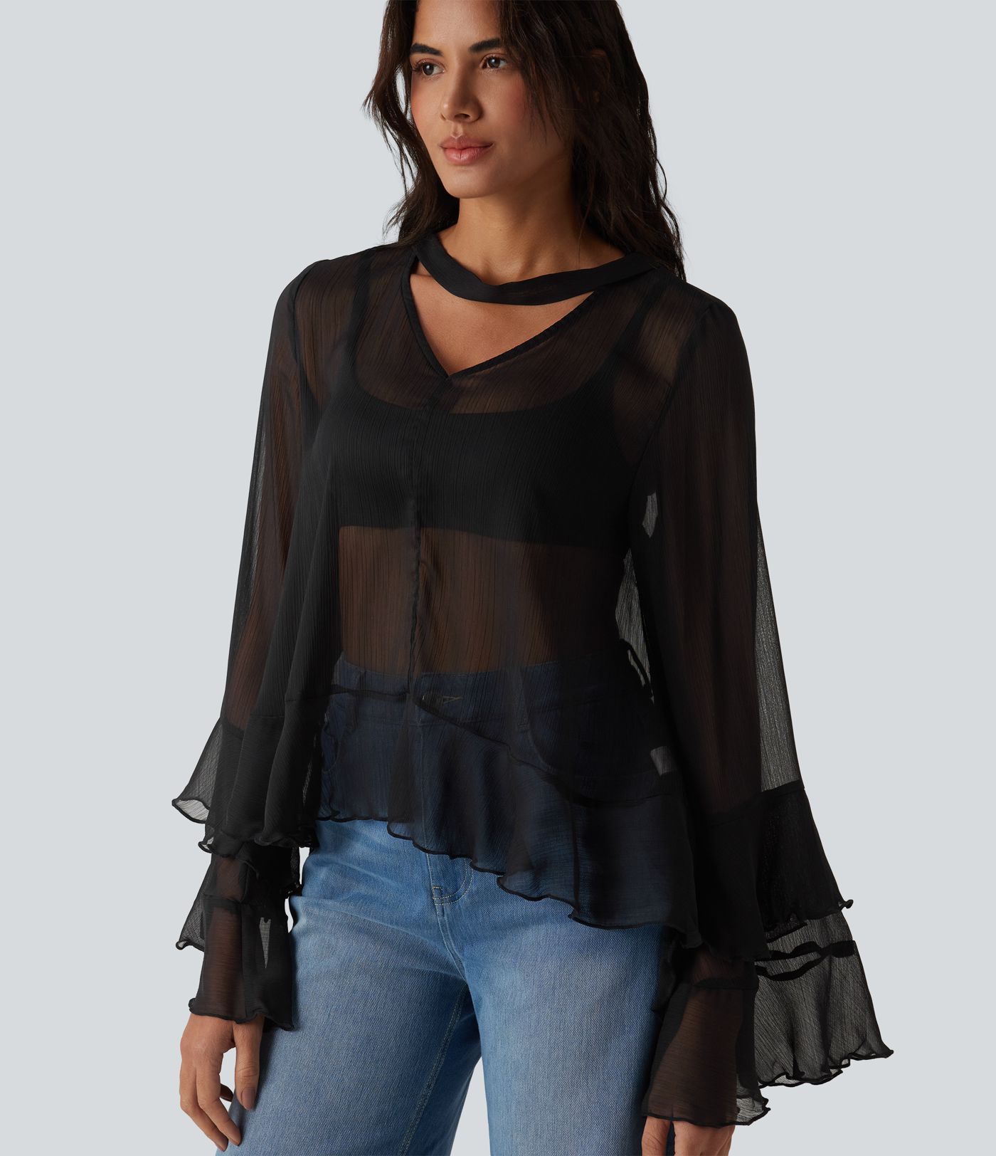 Sheer V Neck Ruffle Long Sleeve Casual Shirt