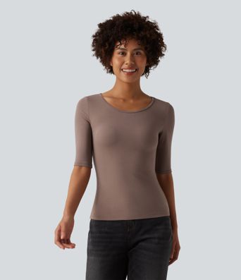 Ribbed Knit Scoop Neck Half Sleeve Casual T-Shirt