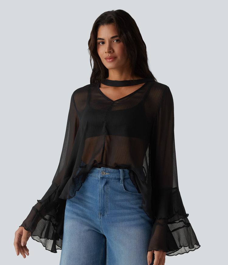 Sheer V Neck Ruffle Long Sleeve Casual Shirt