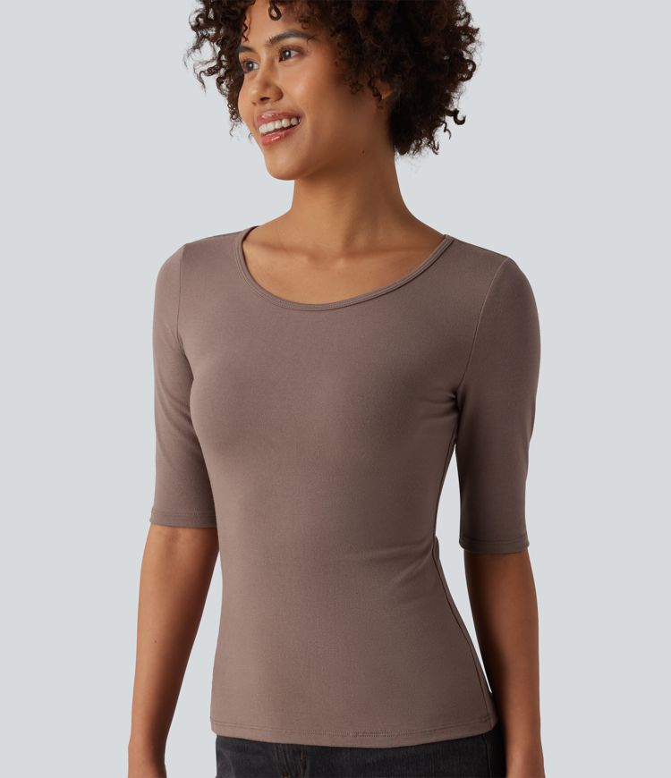 Ribbed Knit Scoop Neck Half Sleeve Casual T-Shirt