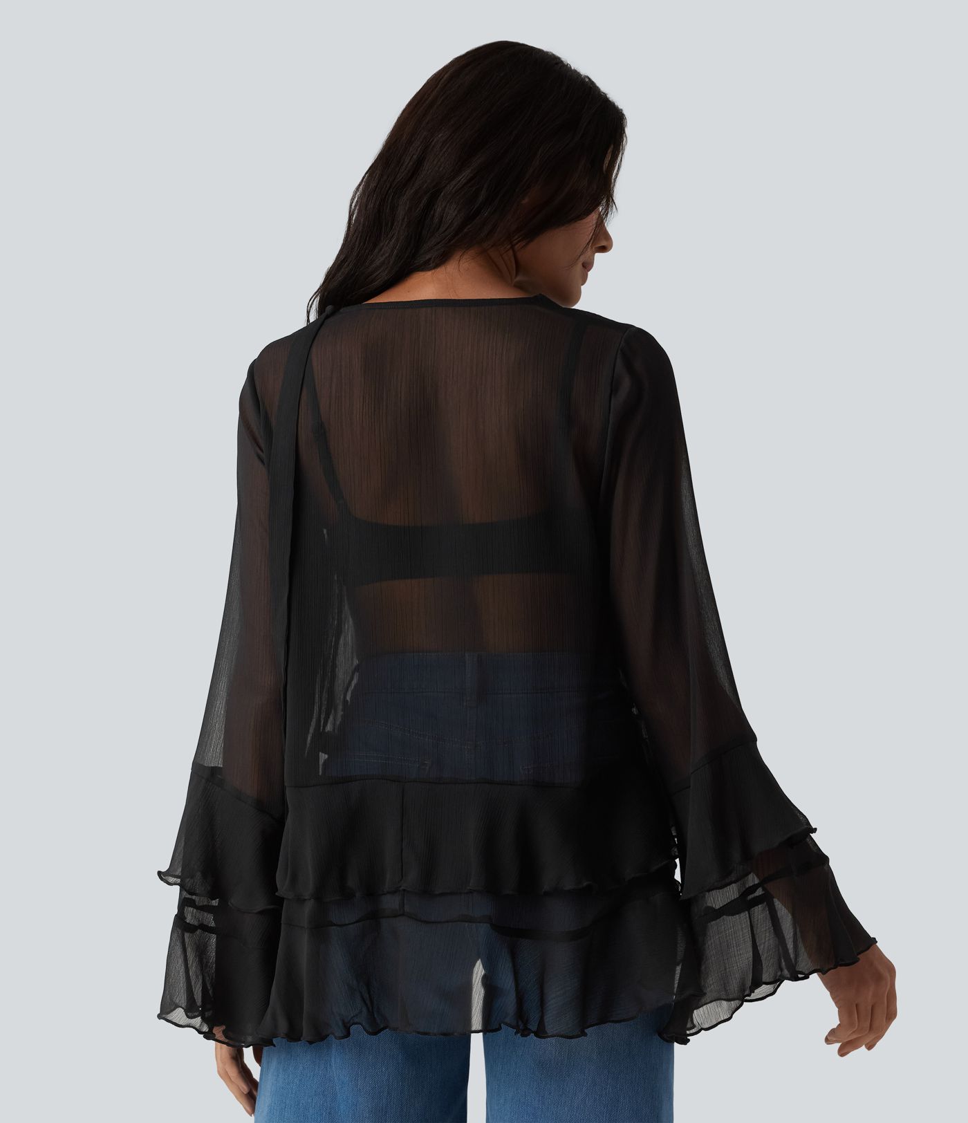 Sheer V Neck Ruffle Long Sleeve Casual Shirt