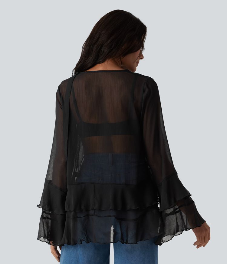 Sheer V Neck Ruffle Long Sleeve Casual Shirt