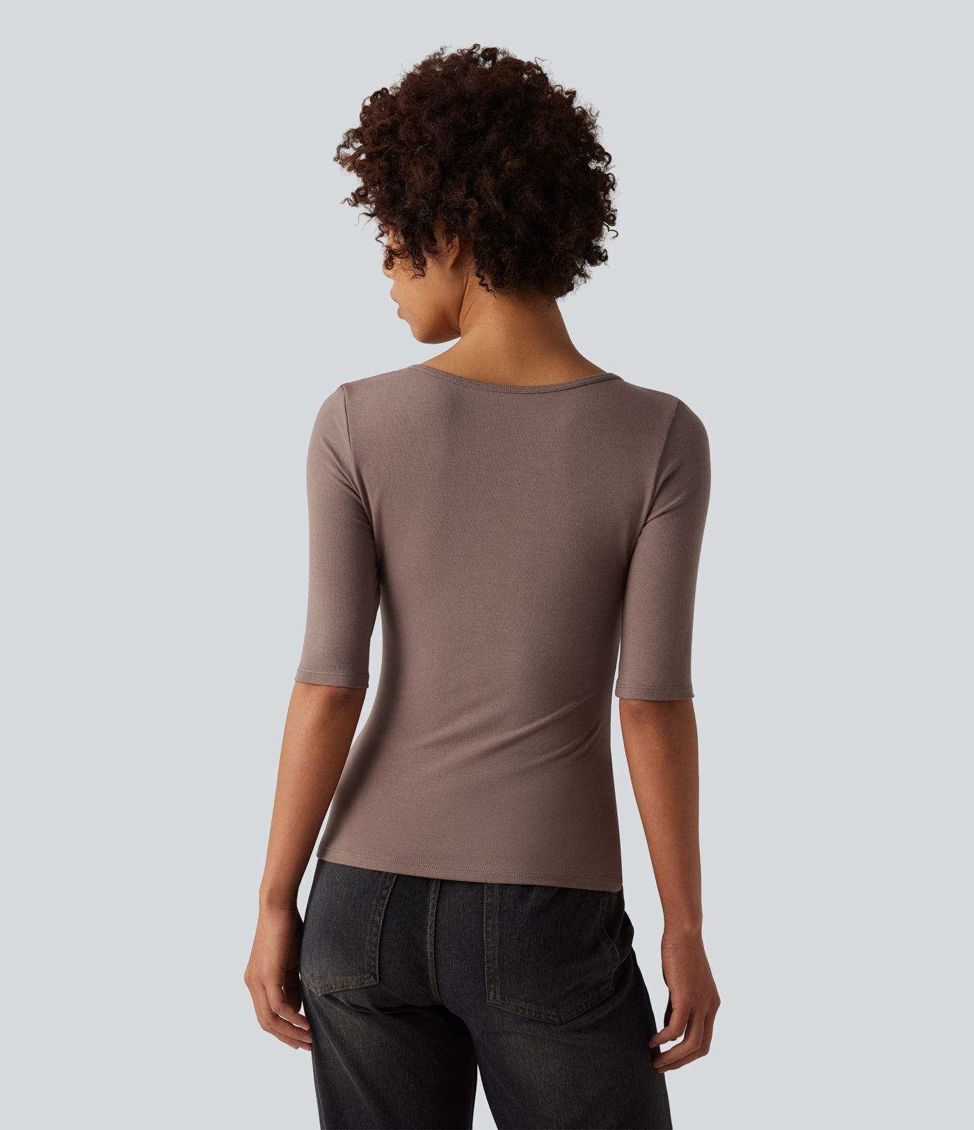 Ribbed Knit Scoop Neck Half Sleeve Casual T-Shirt