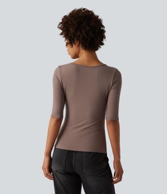 Ribbed Knit Scoop Neck Half Sleeve Casual T-Shirt