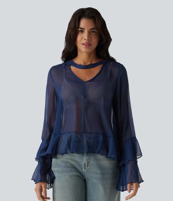 Läpinäkyvä V-kaula-aukkoinen röyhelöpusero, pitkähihainen, rento