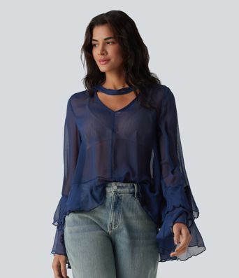 Läpinäkyvä V-kaula-aukkoinen röyhelöpusero, pitkähihainen, rento