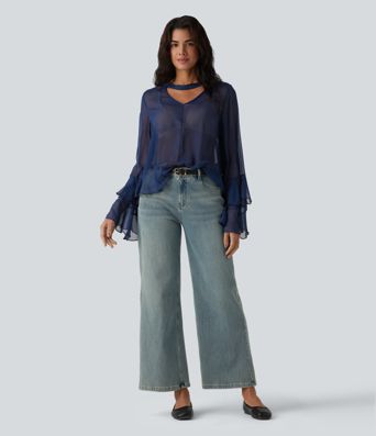 Läpinäkyvä V-kaula-aukkoinen röyhelöpusero, pitkähihainen, rento