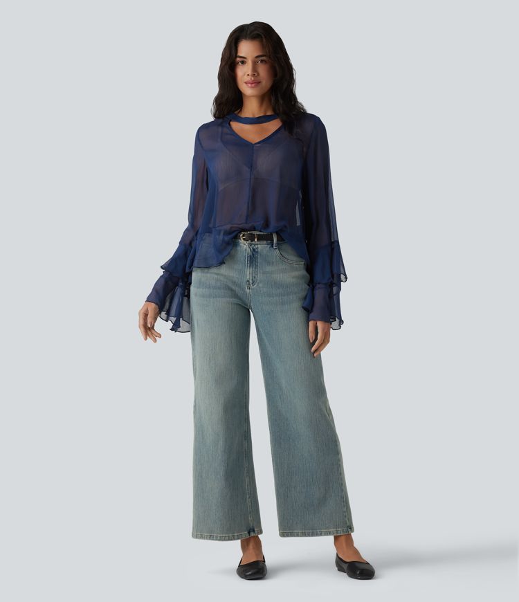 Läpinäkyvä V-kaula-aukkoinen röyhelöpusero, pitkähihainen, rento