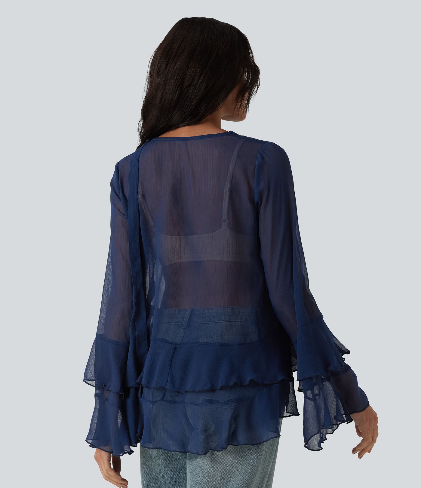 Läpinäkyvä V-kaula-aukkoinen röyhelöpusero, pitkähihainen, rento