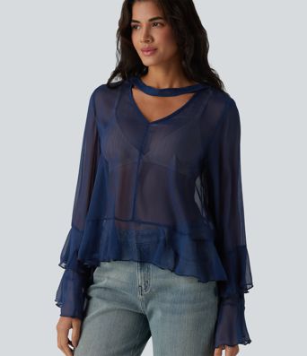 Läpinäkyvä V-kaula-aukkoinen röyhelöpusero, pitkähihainen, rento