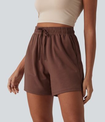 Shorts larghi in cotone casual a vita alta con coulisse, spacco all'orlo, asciugatura rapida e tasche