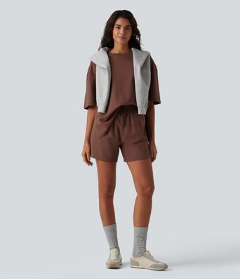 Shorts larghi in cotone casual a vita alta con coulisse, spacco all'orlo, asciugatura rapida e tasche