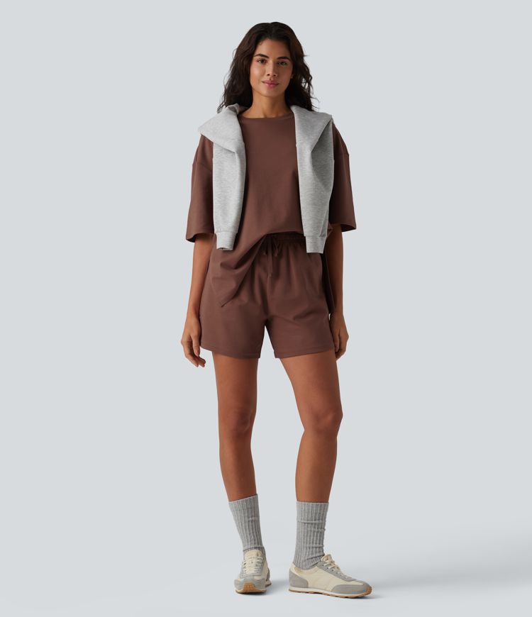 Shorts larghi in cotone casual a vita alta con coulisse, spacco all'orlo, asciugatura rapida e tasche