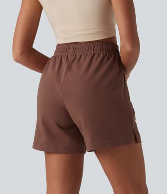 Shorts larghi in cotone casual a vita alta con coulisse, spacco all'orlo, asciugatura rapida e tasche
