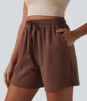 Shorts larghi in cotone casual a vita alta con coulisse, spacco all'orlo, asciugatura rapida e tasche