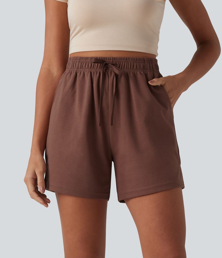 Shorts larghi in cotone casual a vita alta con coulisse, spacco all'orlo, asciugatura rapida e tasche