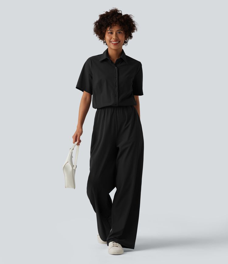 Short Sleeve Work Jumpsuit with Pockets-Easy Pezzy Edition