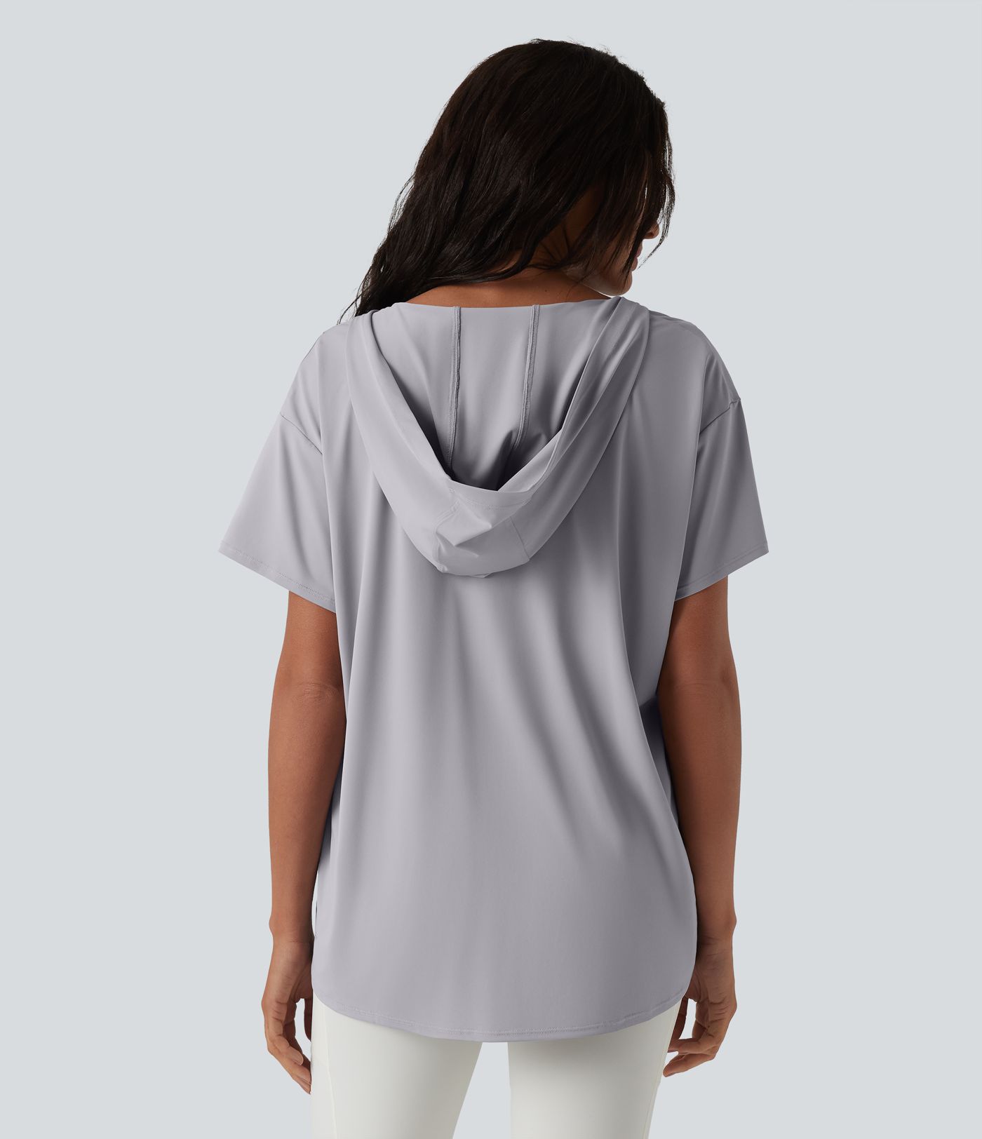 Hooded Cowl Neck Short Sleeve Yoga Sports Top with Pockets