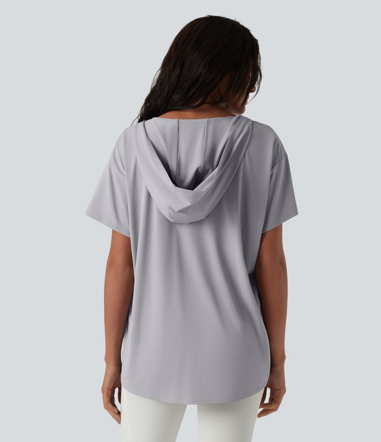 Hooded Cowl Neck Short Sleeve Yoga Sports Top with Pockets