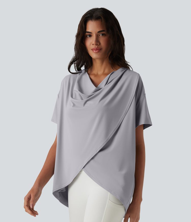 Hooded Cowl Neck Short Sleeve Yoga Sports Top with Pockets