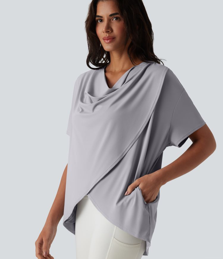 Hooded Cowl Neck Short Sleeve Yoga Sports Top with Pockets