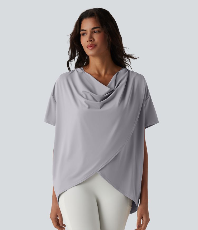 Hooded Cowl Neck Short Sleeve Yoga Sports Top with Pockets