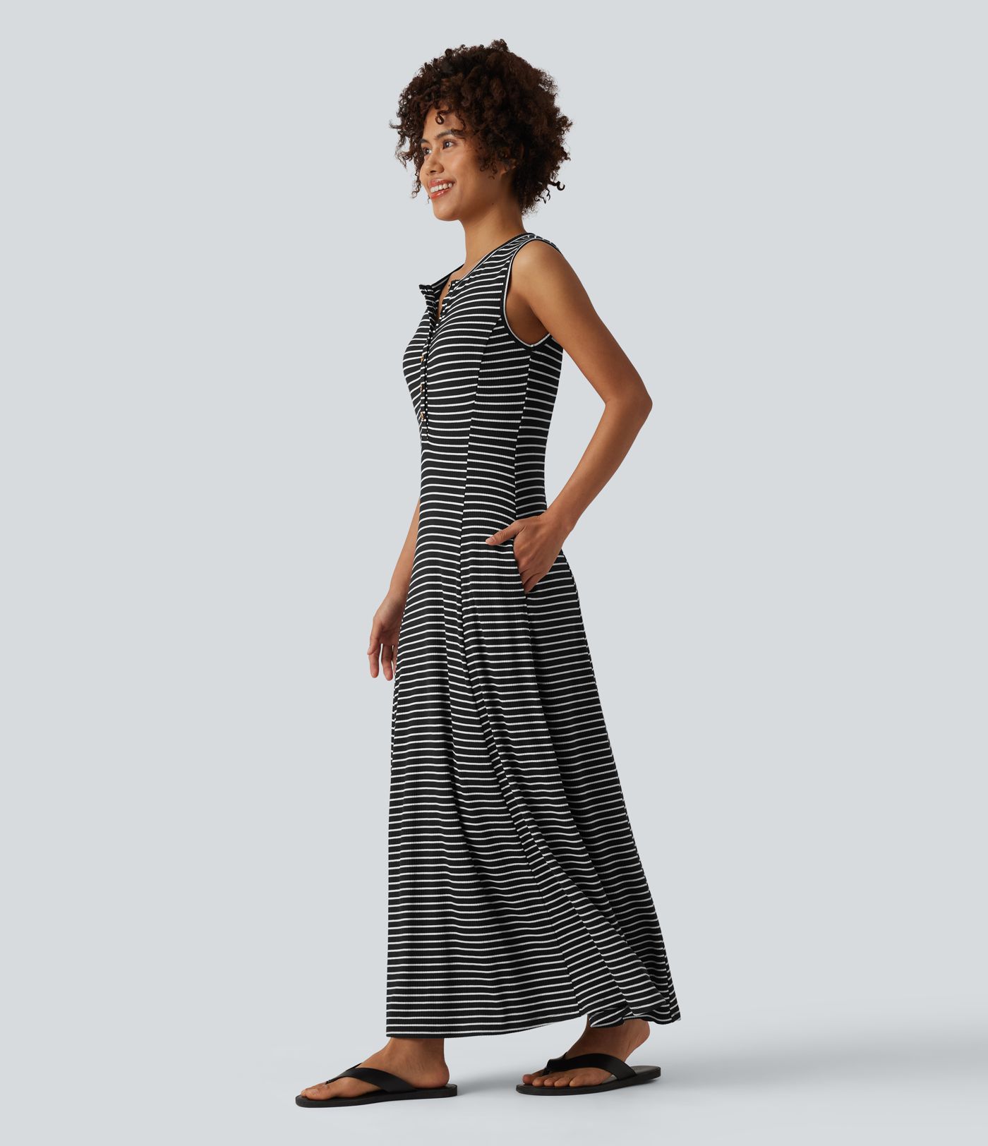 Henley Sleeveless Stripes Maxi Casual Flowy Dress with Pockets Henley Sleeveless Stripes Maxi Casual Flowy Dress with Pockets