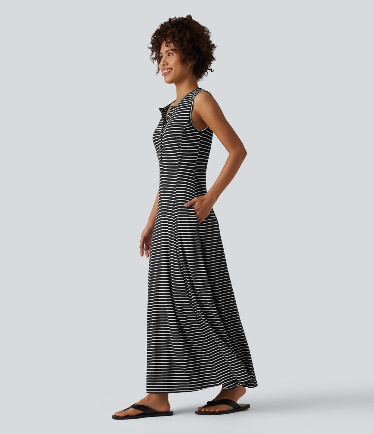 Henley Sleeveless Stripes Maxi Casual Flowy Dress with Pockets Henley Sleeveless Stripes Maxi Casual Flowy Dress with Pockets