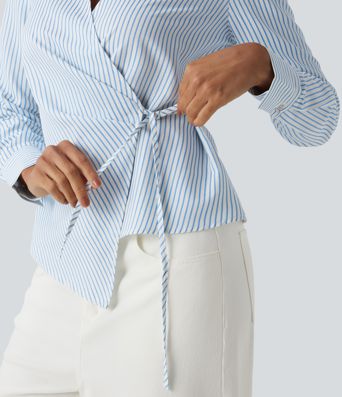 Long Sleeve Wrapped Tie Side Stripe Work Shirt