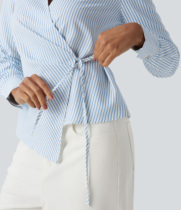 Long Sleeve Wrapped Tie Side Stripe Work Shirt