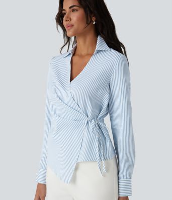 Long Sleeve Wrapped Tie Side Stripe Work Shirt