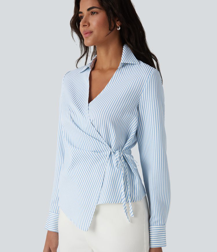 Long Sleeve Wrapped Tie Side Stripe Work Shirt