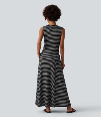 Henley Sleeveless Stripes Maxi Casual Flowy Dress with Pockets Henley Sleeveless Stripes Maxi Casual Flowy Dress with Pockets
