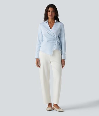 Long Sleeve Wrapped Tie Side Stripe Work Shirt