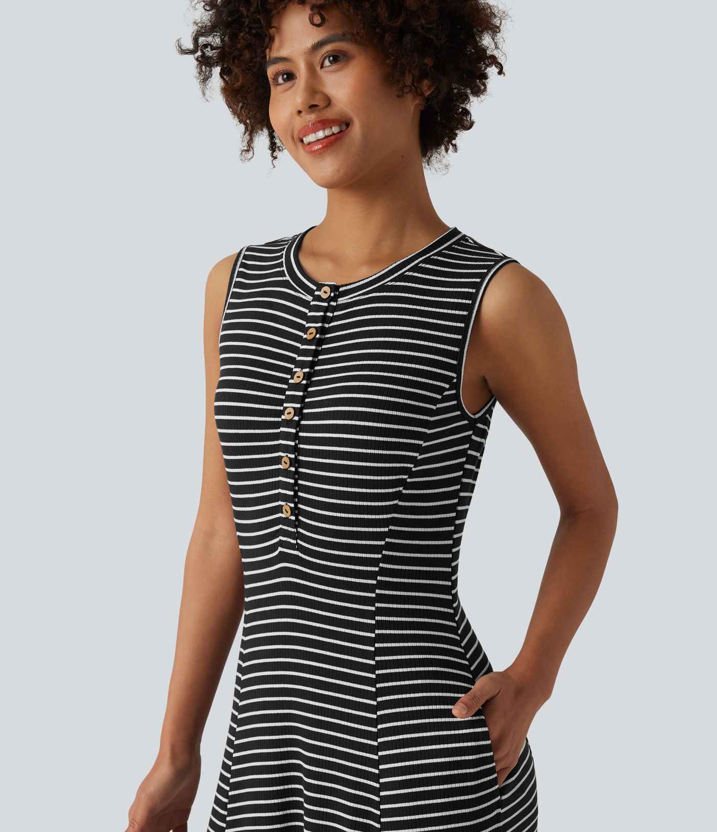 Henley Sleeveless Stripes Maxi Casual Flowy Dress with Pockets Henley Sleeveless Stripes Maxi Casual Flowy Dress with Pockets