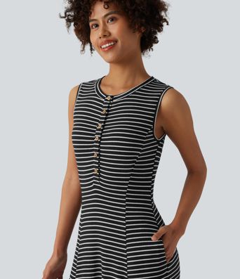 Henley Sleeveless Stripes Maxi Casual Flowy Dress with Pockets Henley Sleeveless Stripes Maxi Casual Flowy Dress with Pockets