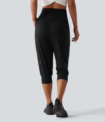 High Waisted Ruched Heathered Yoga Pedal Pushers Joggers with Pockets