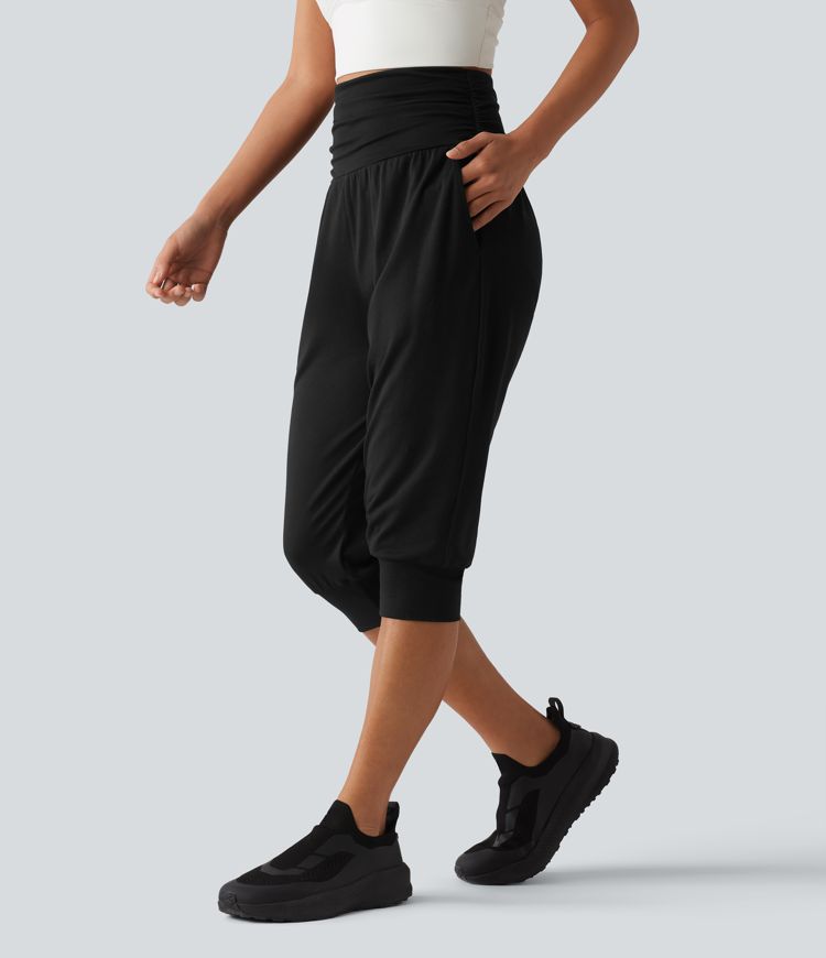 High Waisted Ruched Heathered Yoga Pedal Pushers Joggers with Pockets