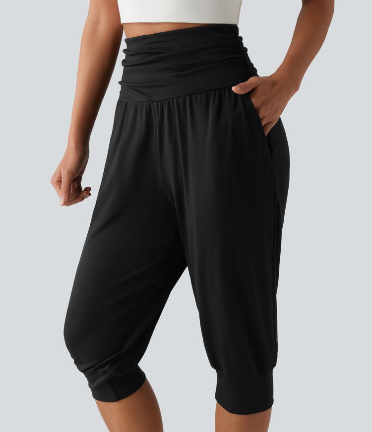 High Waisted Ruched Heathered Yoga Pedal Pushers Joggers with Pockets