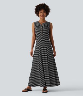 Henley Sleeveless Stripes Maxi Casual Flowy Dress with Pockets Henley Sleeveless Stripes Maxi Casual Flowy Dress with Pockets